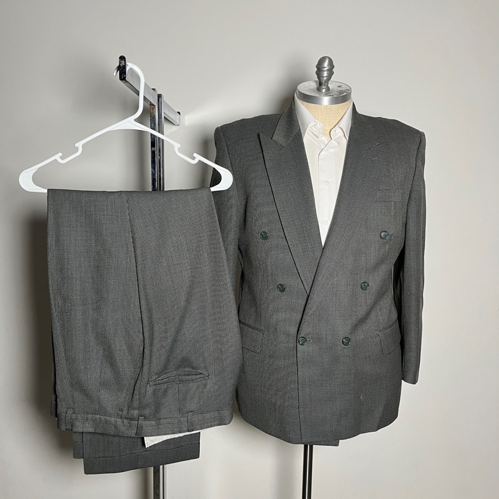 Zylos George Machado Suit Mens 46R 36x31 Grey Micro-Check Double Breasted Wool